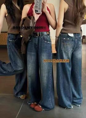 【爆款牛仔】2025秋季新品～7162黄金瓶盖裤大爆款毛边牛仔直筒显瘦阔腿裤-喜出