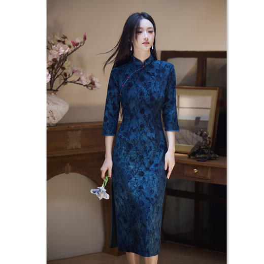 SKY 299435复古民族风长款扎染中袖旗袍改良中式日常旗袍 商品图3