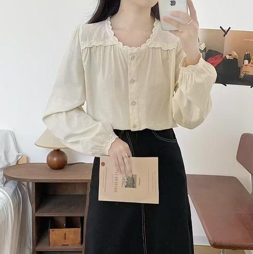 【秋上新】重工蕾丝~水洗棉560蕾丝长袖小衫上衣-喜出 商品图3