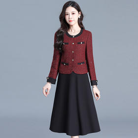 QYM 725014-Y小香风亮片短款外套搭黑色背心中长款连衣裙