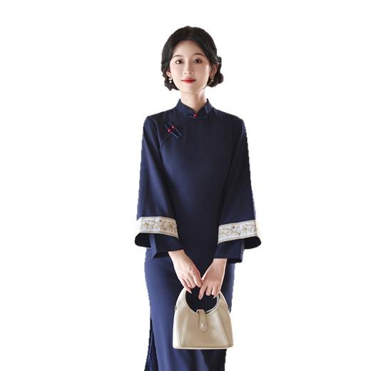 GX纯色时尚改良新中式长款双袖旗袍2025秋新款日常可穿倒大长袖旗袍 商品图4