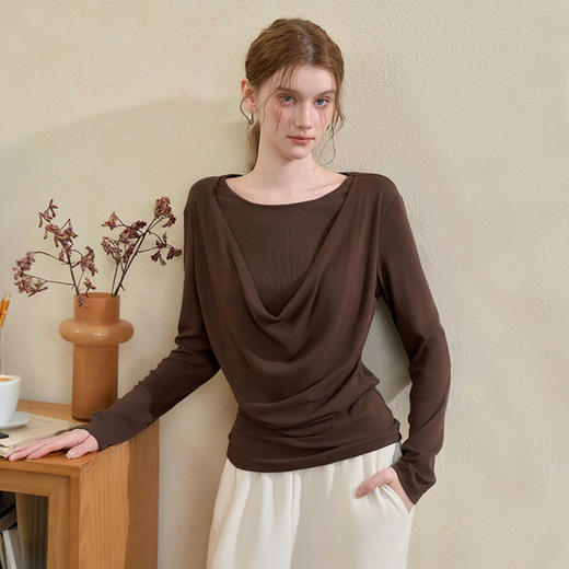 西遇假两件荡领长袖T恤女秋季设计感收腰显瘦内搭打底衫上衣V3455245 商品图2