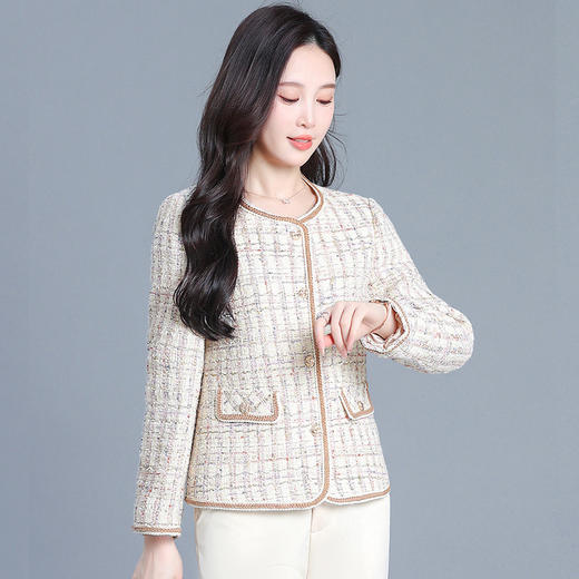 QYM 725020-Y时髦换新外套格纹小香风短款休闲单排扣 商品图2