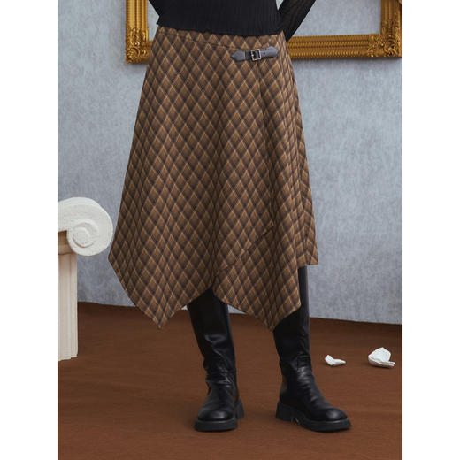 两三事梵高文艺曼城旧事2025冬季新款皮扣装饰菱形格不规则半身裙 商品图3