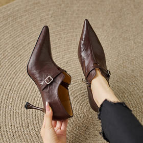 【预售5天】8cm~手抓羊皮细跟V口单鞋女秋季新款真皮尖头气质深口高跟鞋QS&737
