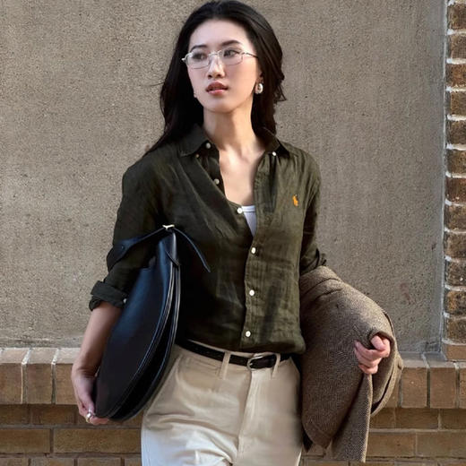 橄榄绿小马刺绣棉麻衬衫 | 春夏秋三季都实穿的时髦单品，小马精致刺绣logo【3-5天发货，周末顺延】 商品图6