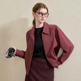 西遇翻领梭织夹克女新款枣红色美式复古落肩防风外套D3342228