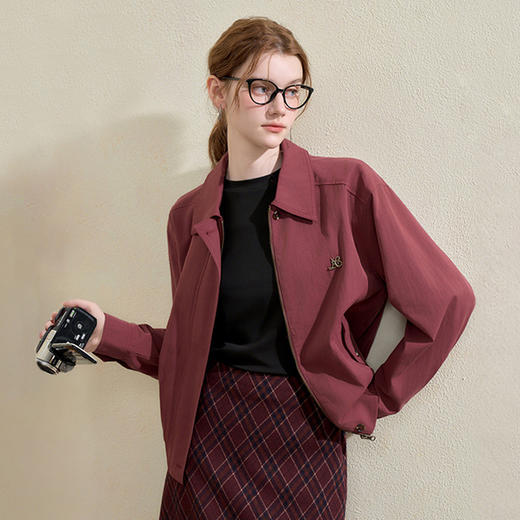 西遇翻领梭织夹克女新款枣红色美式复古落肩防风外套D3342228 商品图0