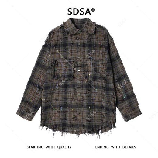 SC3052SDSA秋冬新款痞帅男装嘻哈街头泼墨磨破流苏纽扣翻领长袖衬衫百搭 商品图0