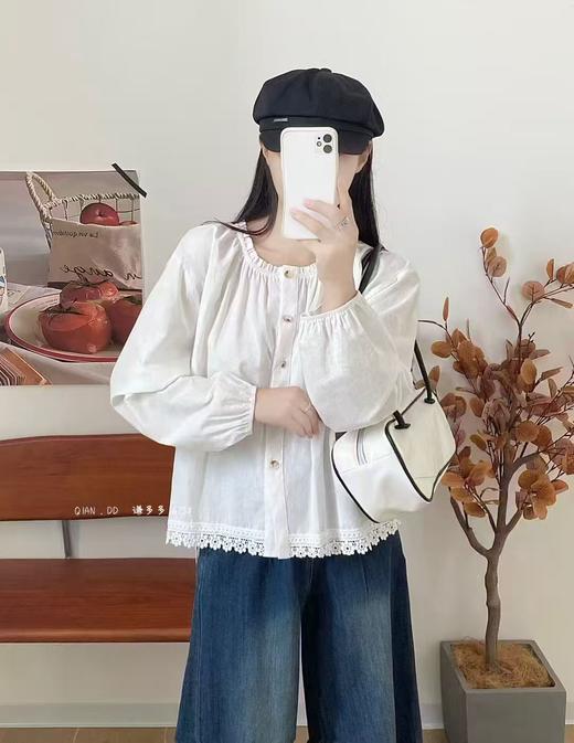【秋上新】水洗棉675下摆流苏蕾丝边长袖小衫上衣-喜出 商品图0