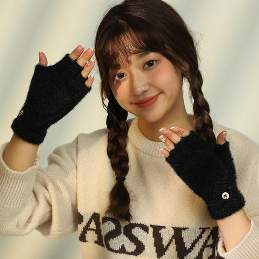 【仿羊绒面料！又萌又保暖】2025可爱新款秋冬针织防寒保暖漏指百搭毛线手套休闲时尚半指翻盖手套。ha 商品图3