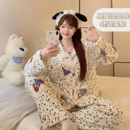 秋冬季【法兰绒睡衣女】小香风彩色波点长袖套装 加厚保暖家居服可外穿  商品图8