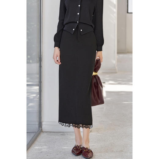 剩S/M/L 米思阳2026春新品优雅通勤风蕾丝拼接半身裙天丝弹力舒适百搭直筒裙子女4757 商品图1