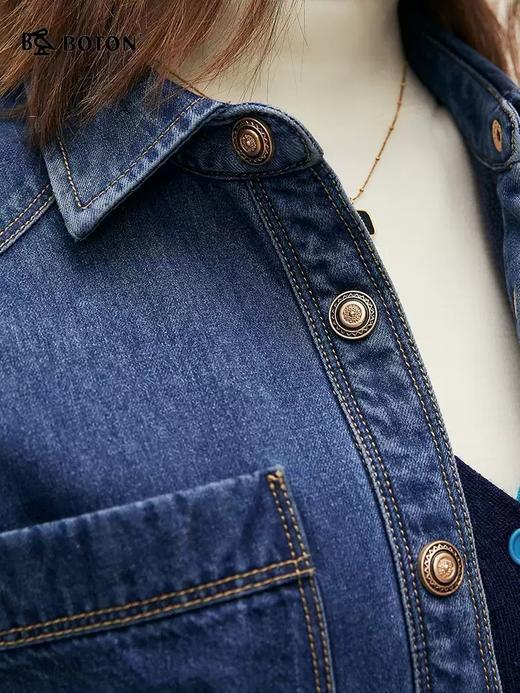 波顿女士秋冬 衬衫型外套 翻领宽松 加绒全棉工装牛仔柔暖款LSJ030324 商品图4