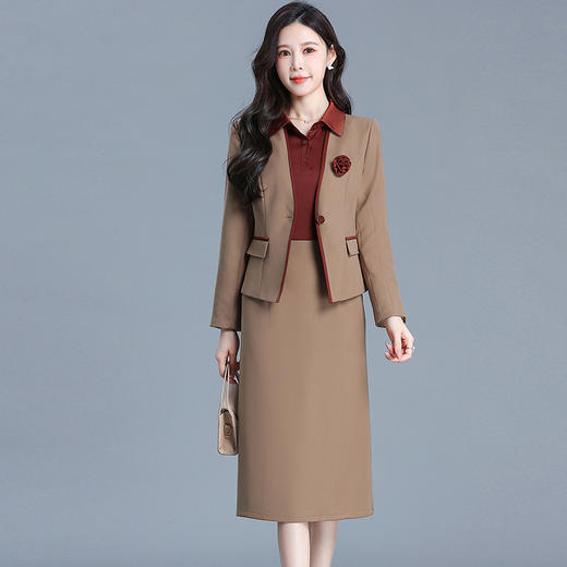 QYM 725021-Y两件套连衣裙西装外套+衬衣长袖拼结假两件包臀裙 商品图0