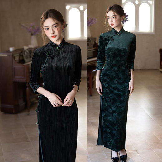 GX复古中国风长款丝绒七分袖旗袍2025秋新款古典中式高级感宴会旗袍 商品图0