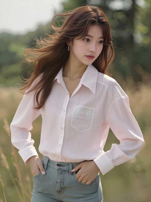 【秋新品】维纳真蒂2950清新条纹蕾丝口袋衬衫-喜出 商品图3