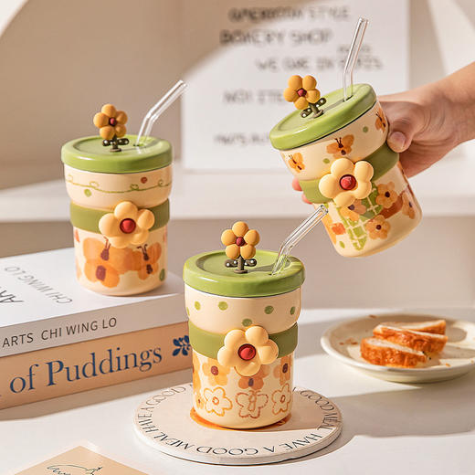 摩登主妇陶瓷带盖马克杯高颜值吸管杯便携家用喝水杯女生咖啡杯子 商品图0