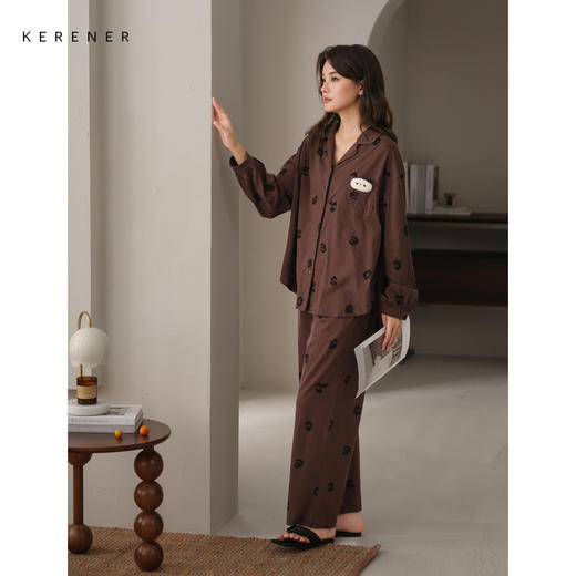 可人儿春秋季带胸垫奥力棉女士长袖长裤睡衣可外出纯棉家居服套装 商品图3