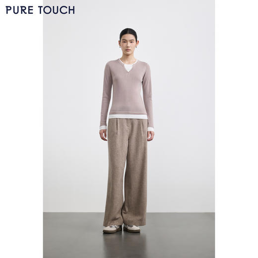 PURE TOUCH女装 25秋冬新款羊毛混纺针织衫v领拼接假两件套头毛衣 商品图3