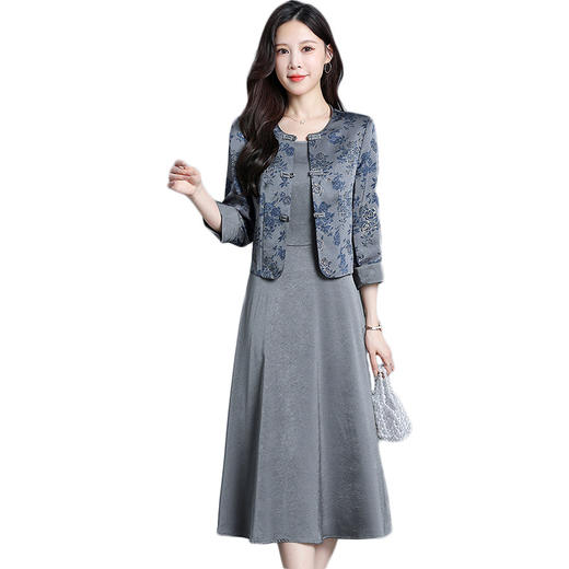 QYM  725051-Y时尚两件套连衣裙无袖打底裙国风印花短款外套+中长裙套装 商品图4