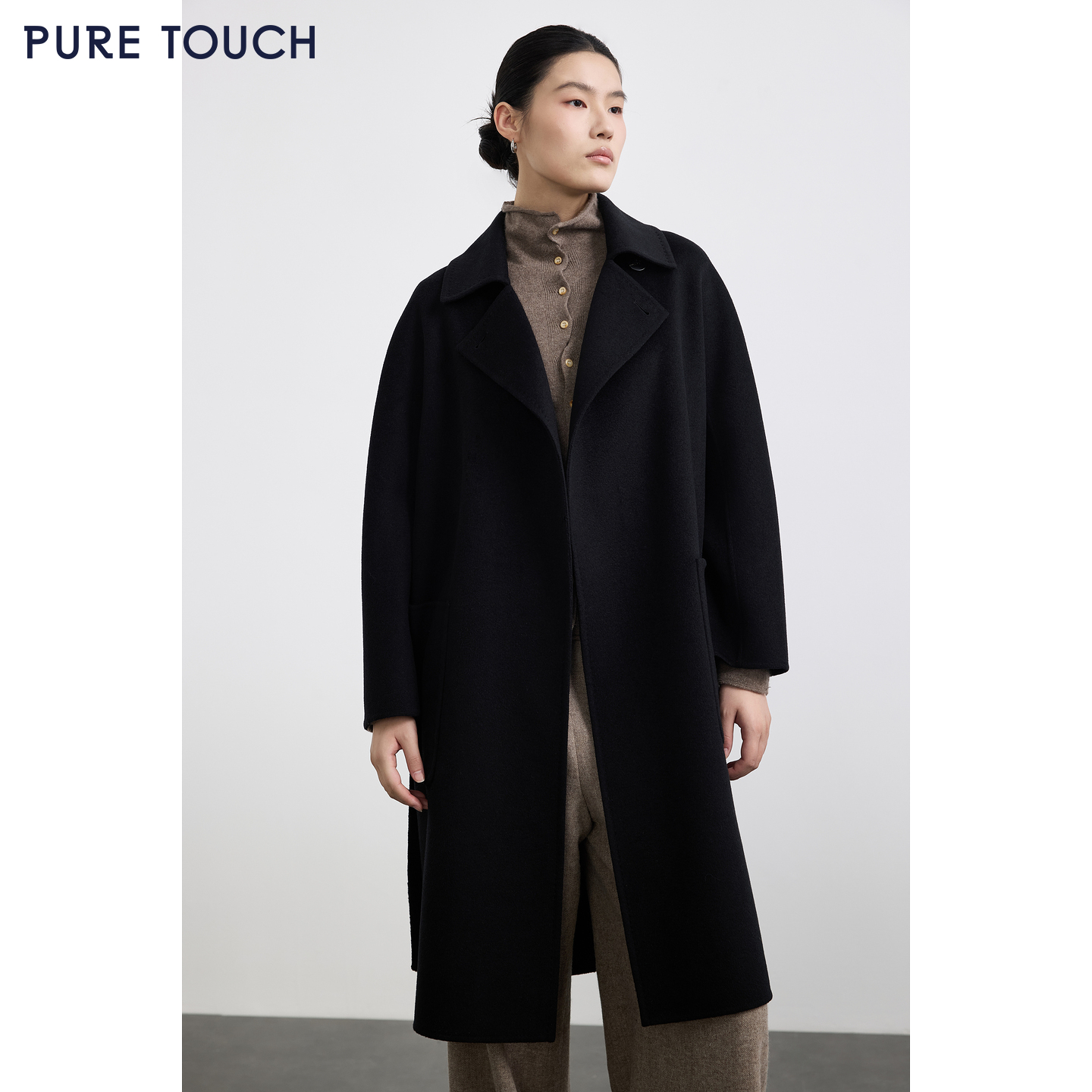 PURE TOUCH女装25秋冬新款丝绒毛混纺毛呢大衣黑色中长款直身外套
