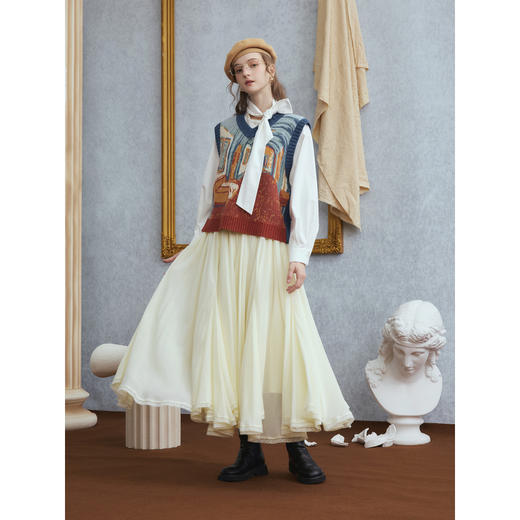 两三事 浪沫回音 2025冬季新款百搭蕾丝边拼接百褶半身裙长裙 商品图1