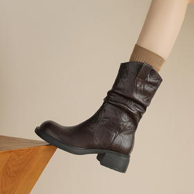 【预售5天】复古圆头美拉德褶皱堆堆靴真皮V口显瘦中筒骑士靴LD&7505