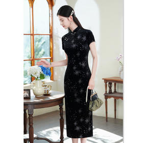 GX老上海黑丝绒长款短袖旗袍2025初秋新款复古国风收腰显瘦年轻旗袍