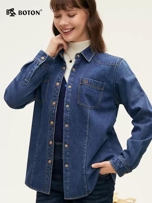 波顿女士秋冬 衬衫型外套 翻领宽松 加绒全棉工装牛仔柔暖款LSJ030324 商品图1