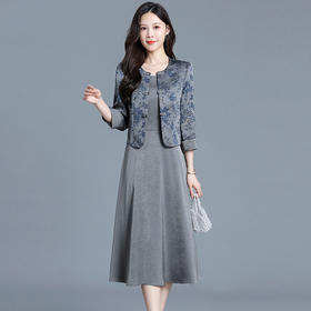 QYM  725051-Y时尚两件套连衣裙无袖打底裙国风印花短款外套+中长裙套装