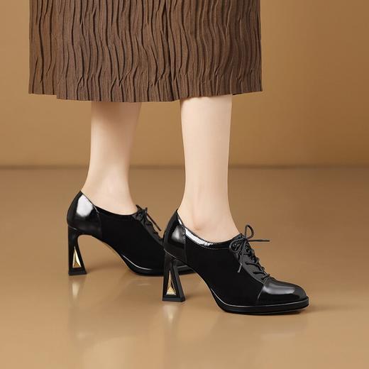 【预售5天】真皮圆头防水台高跟鞋时尚拼接系带深口粗跟单鞋舒适通勤踝靴HY&H3729 商品图3