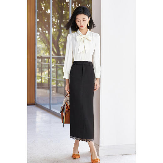 剩S/M/L 米思阳2026春新品优雅通勤风蕾丝拼接半身裙天丝弹力舒适百搭直筒裙子女4757 商品图4
