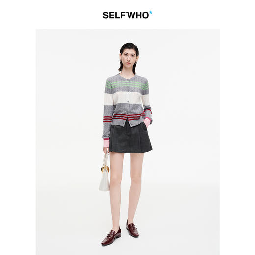 SELFWHO绵羊毛混纺撞色条纹针织开衫女2025秋季新款宽松长袖上衣 商品图2