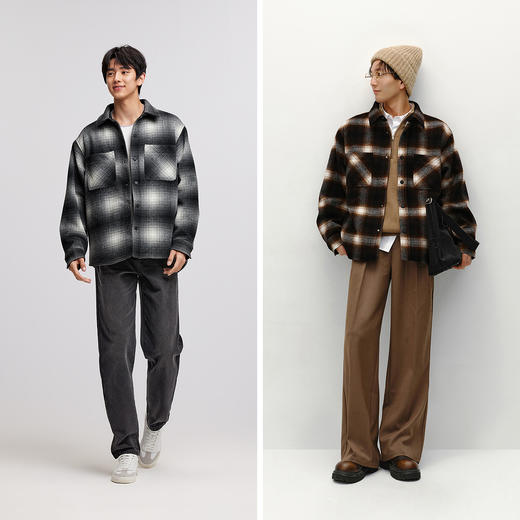 森马毛呢外套男冬季加绒格纹夹克经典复古百搭小宽松廓形翻领上衣 商品图4