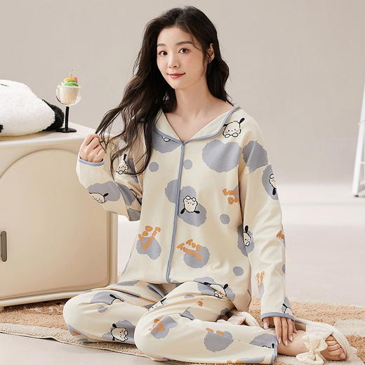 春秋季女士开衫睡衣带胸垫小翻领长袖长裤家居服套装卡通免穿文胸学生家居服 商品图8