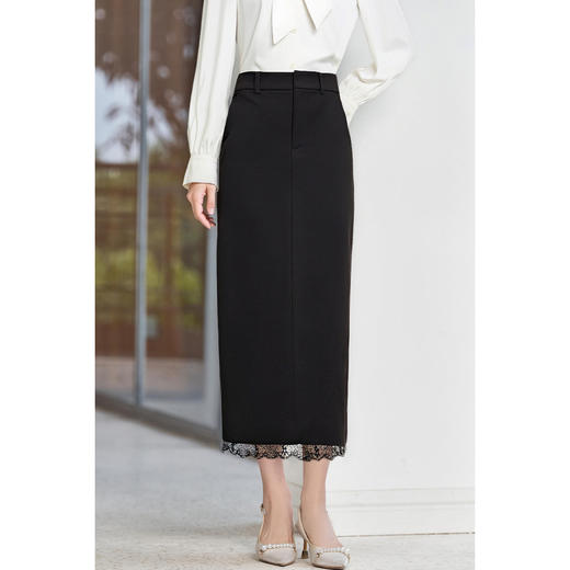 剩S/M/L 米思阳2026春新品优雅通勤风蕾丝拼接半身裙天丝弹力舒适百搭直筒裙子女4757 商品图0