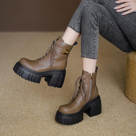 【预售5天】时尚圆头粗跟厚底短筒马丁靴女百搭纯色韩版风系带牛皮靴子ZMXY&ZM2542-1 商品图4