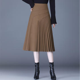 QYM 2110-Y毛呢压褶裙时尚高腰半 身裙气质A字裙