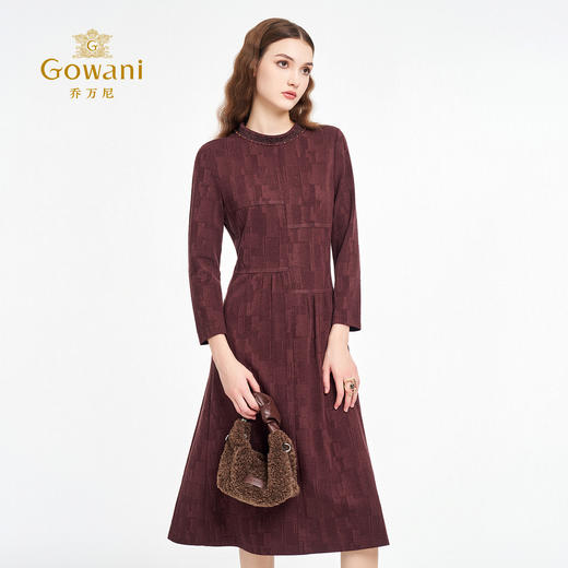 乔万尼2025秋新品美学设计复古小立领A型收腰连衣裙ED3E296 商品图1