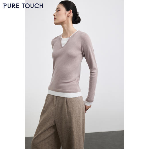 PURE TOUCH女装 25秋冬新款羊毛混纺针织衫v领拼接假两件套头毛衣 商品图4
