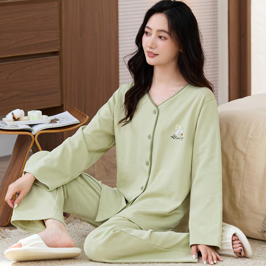 秋季莫代尔睡衣女开衫圆领长袖长裤家居服套装前扣青年中年款简约 商品图3