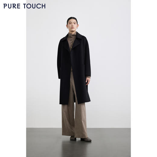 PURE TOUCH女装25秋冬新款丝绒毛混纺毛呢大衣黑色中长款直身外套 商品图1