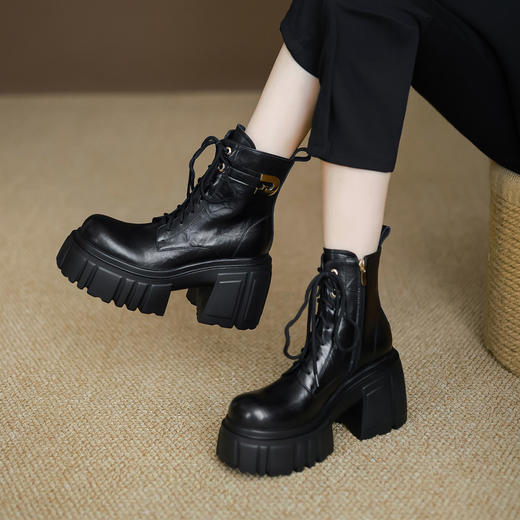 【预售5天】时尚圆头粗跟厚底短筒马丁靴女百搭纯色韩版风系带牛皮靴子ZMXY&ZM2542-1 商品图2