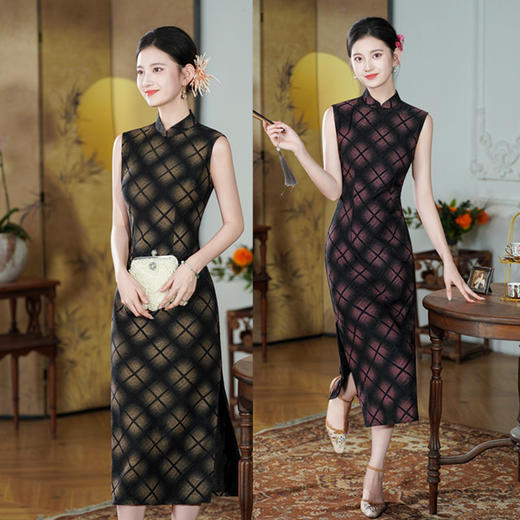 GX港风文艺格子长款无袖旗袍2025初秋新款复古国风年轻款新中式旗袍 商品图0
