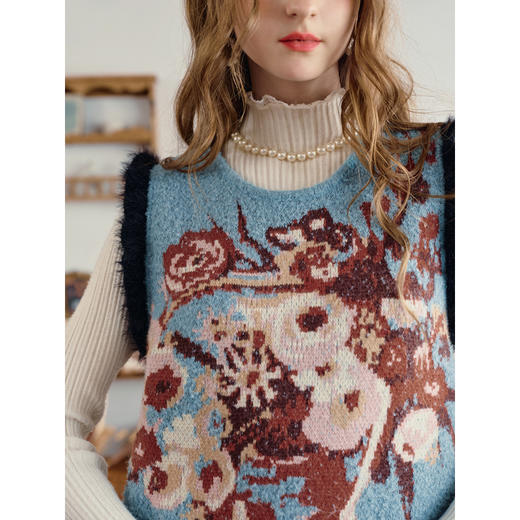 两三事绒绒假日2025冬季新款复古流苏不对称下摆花色毛衣裙连衣裙 商品图2