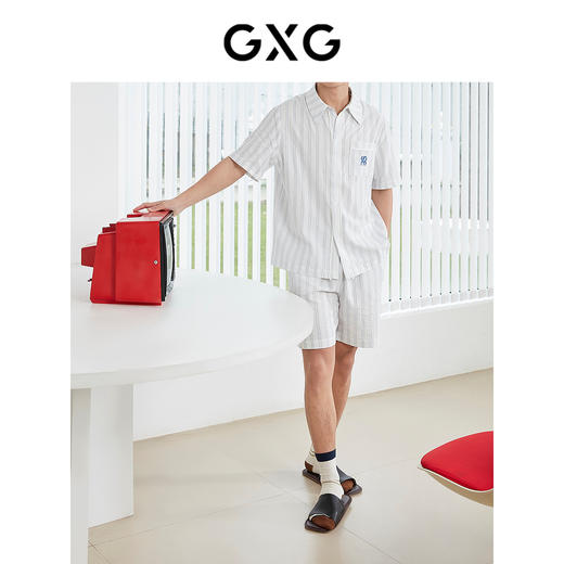 GXG男士家居服 清新条纹短袖睡衣套装男 25年春夏新品 商品图1