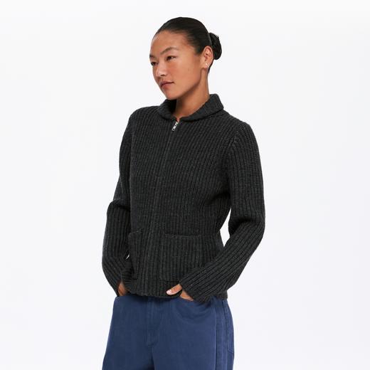 oneup羊毛粗针翻领收腰拉链毛衣 商品图2