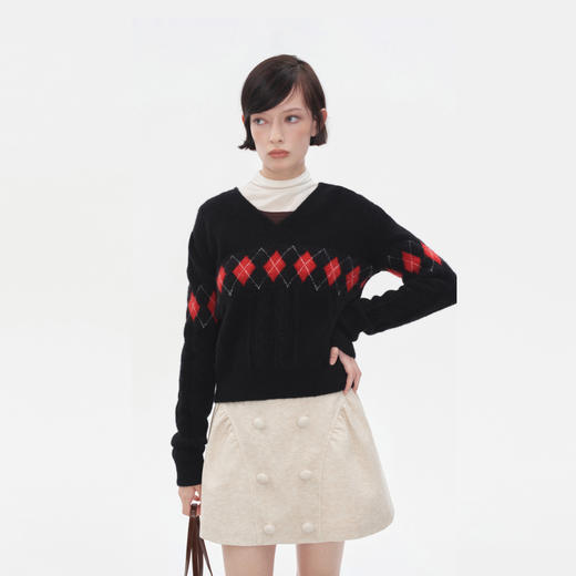 HERLIAN 2025秋冬新品菱格绞花V领套头衫 商品图2