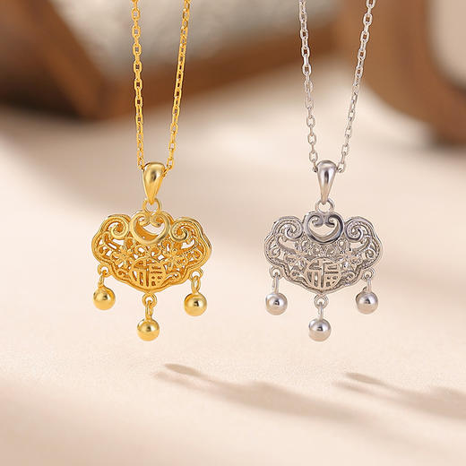 S925纯银镀金福到如意锁镂空，流苏O链国风吊坠项链套链CW-872 商品图0